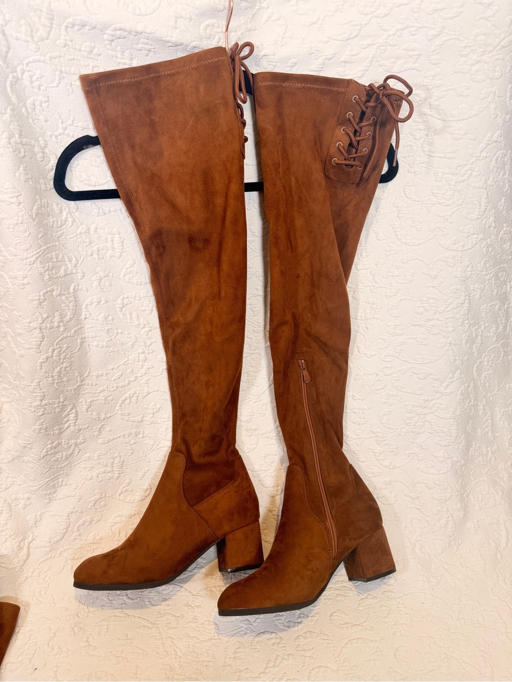 Dream Pairs Chestnut Brown Suede Over-the-Knee Block + Matching Skirt Heel Boots